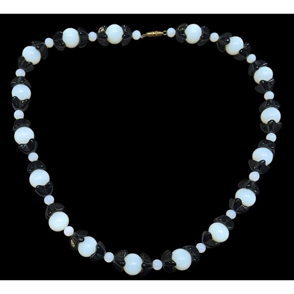 Handmade Whimsical Black And Moonstone Glass Beaded Necklace - Picture 1 of 5